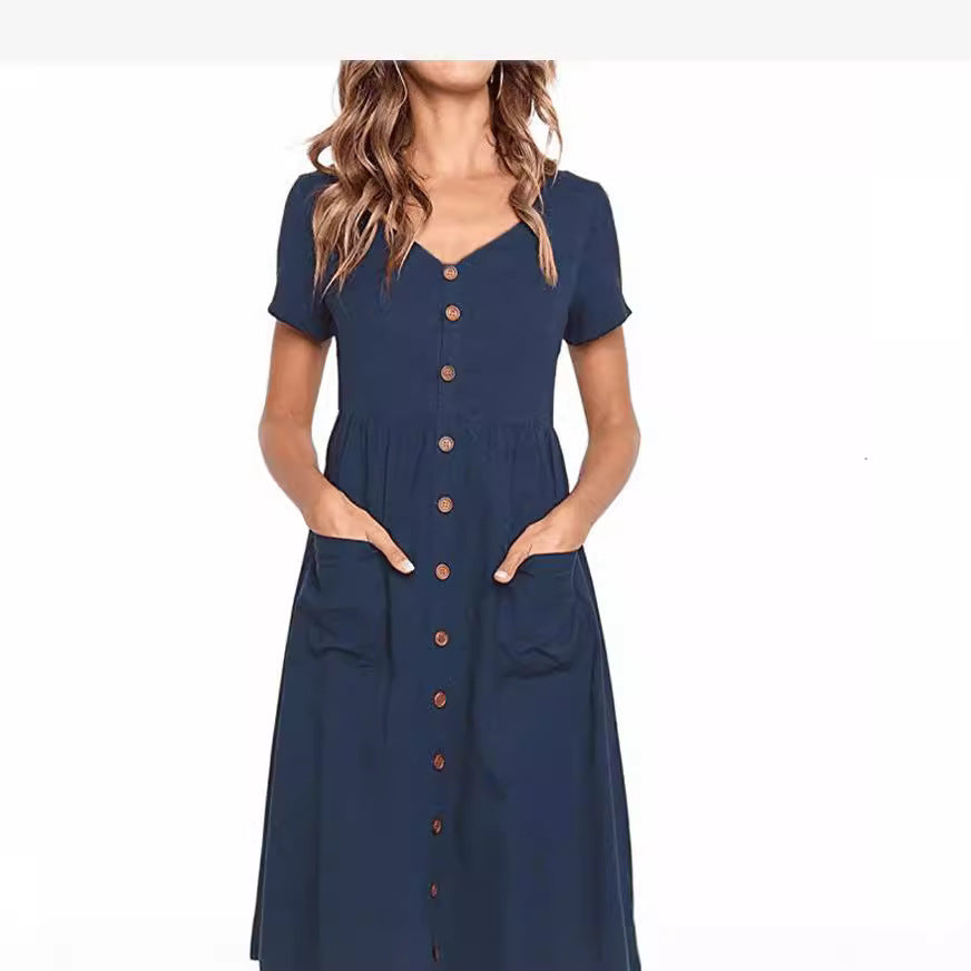 Damen Midi-Kleid mit Knopfleiste und praktischen Taschen EB