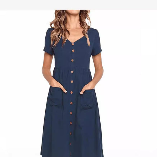 Damen Midi-Kleid mit Knopfleiste und praktischen Taschen EB
