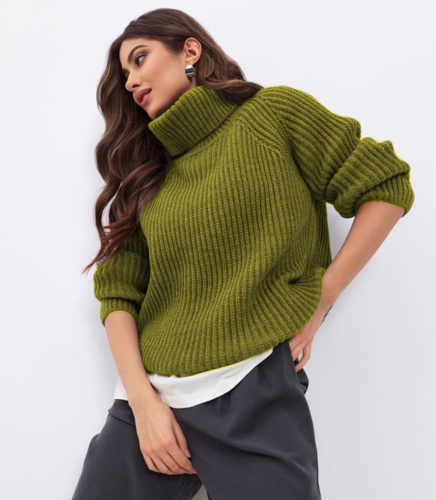 Damen Strickpullover mit hohem Kragen und Wabenstruktur EB