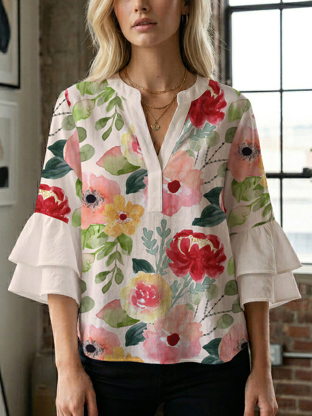Damen Bluse mit voluminösen Rüschenärmeln und floralem Druck EB