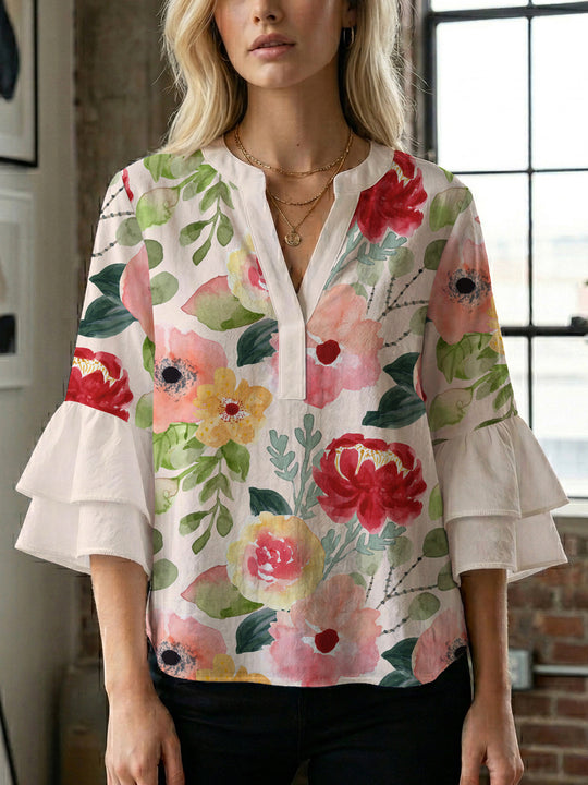 Damen Bluse mit voluminösen Rüschenärmeln und floralem Druck EB