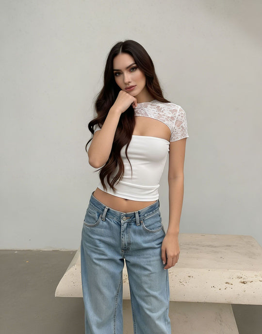 Damen Cropped Top mit Spitzenmuster und figurbetontem Schnitt EB