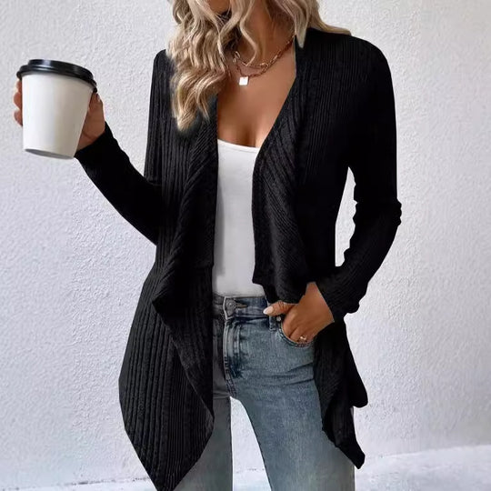 Damen lässige Strickjacke mit asymmetrischem Saum und offenem Design EB