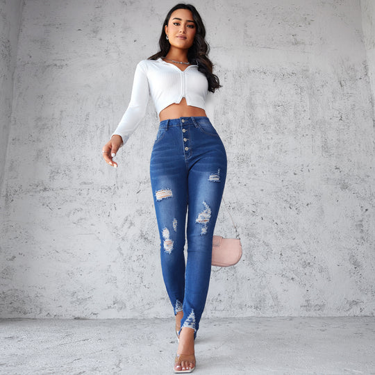 Damen Skinny Jeans mit stylishen Destroyed-Details und fransigem Saum EB