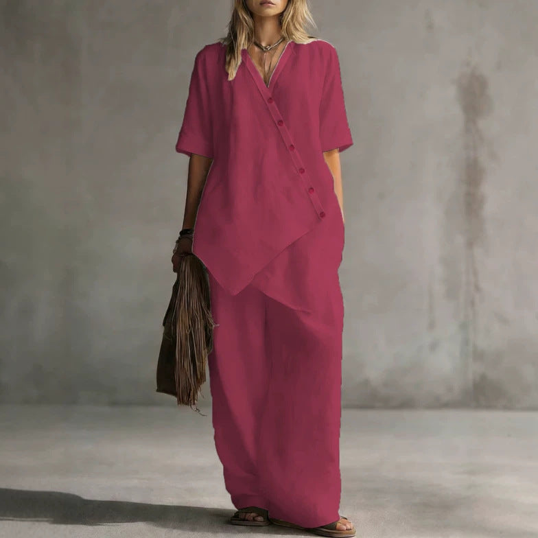 Damen Leinen-Zweiteiler mit asymmetrischer Knopfleiste und weiter Palazzo-Hose EB