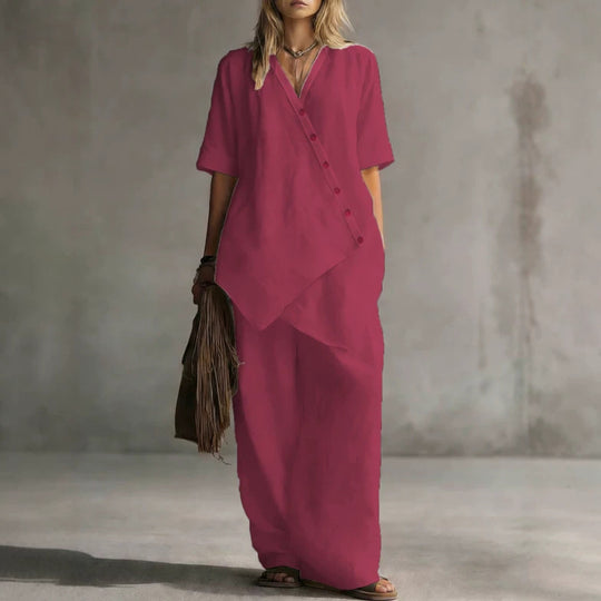 Damen Leinen-Zweiteiler mit asymmetrischer Knopfleiste und weiter Palazzo-Hose EB