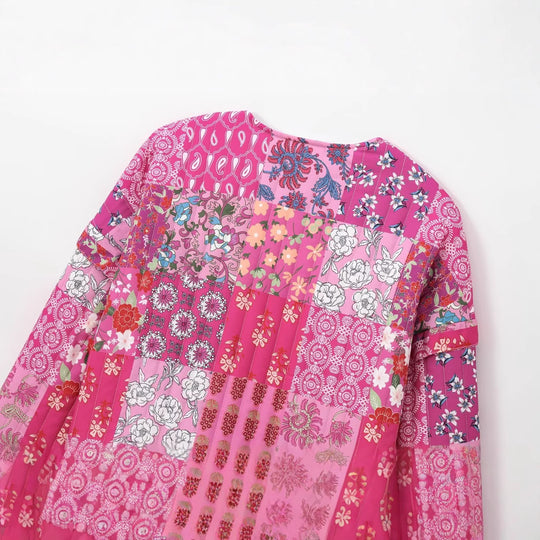 Damen Patchwork-Jacke mit floralen Motiven und praktischen Taschen EB