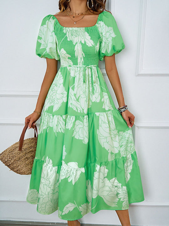 Damen Sommerkleid mit elegantem Puffärmel-Design und floralem Muster EB