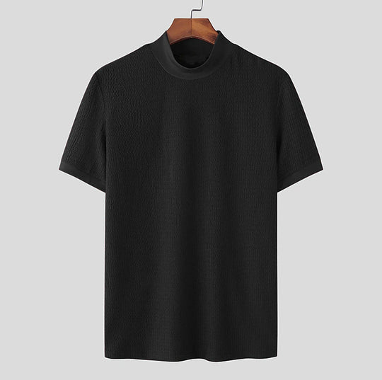 Herren nan kurzärmliges Stehkragen-Feinstrickshirt mit feiner Rippstruktur EB