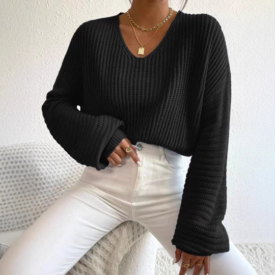 Damen Strukturierter Pullover mit V-Ausschnitt und weiten Ärmeln EB