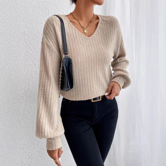 Damen Strukturierter V-Ausschnitt Pullover mit weiten Ärmeln EB