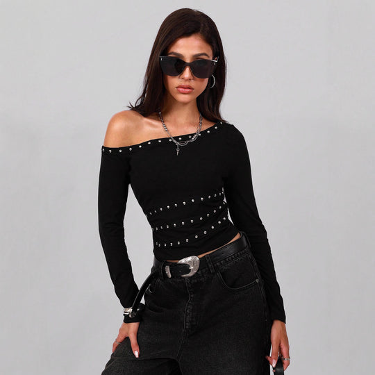 Damen nan asymmetrisches schulterfreies Langarmshirt mit Nietenbesatz und tailliertem Schnitt EB