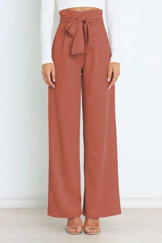 Damen Weite High-Waist Paperbag-Hose mit Bundfalten und Bindegürtel EB