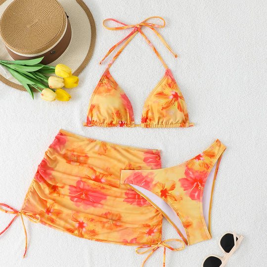 Damen Bikini-Set mit floralem Muster und verstellbarem Rock EB