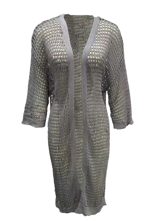 Damen Luftige Häkeljacke mit offenem Design und weiten Ärmeln EB