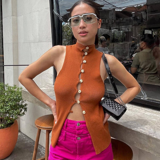 Damen Ärmelloses Stricktop mit einzigartiger Knopfleiste EB