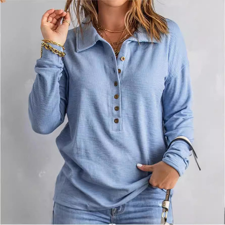 Damen Langarm-Bluse mit knöpfbarem Kragen und strukturiertem Stoff EB