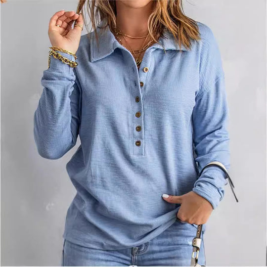 Damen Langarm-Bluse mit knöpfbarem Kragen und strukturiertem Stoff EB