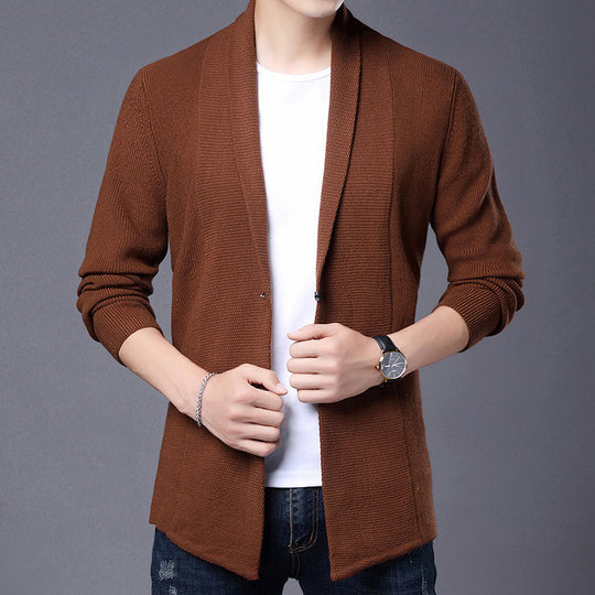 Herren Langarm Strickjacke mit modernem Schalkragen und asymmetrischem Saum EB