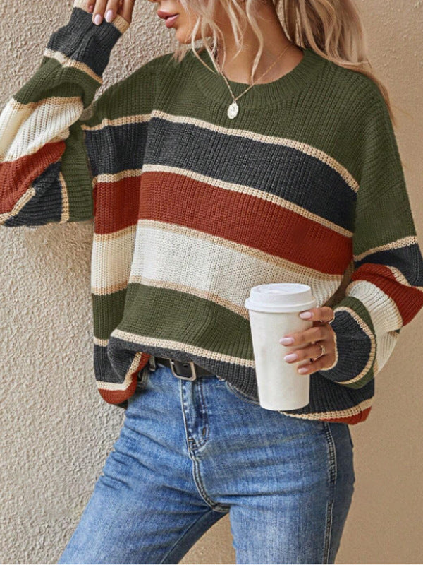 Damen lässiger Grobstrickpullover mit Farbblockmuster und weitem Schnitt EB