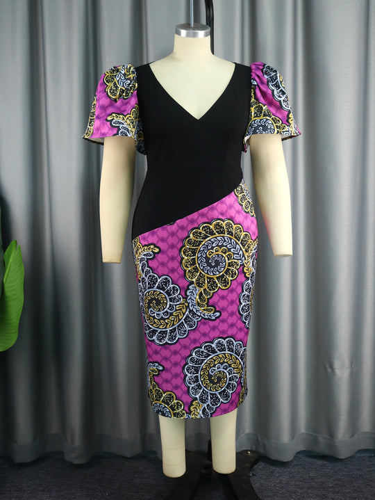 Damen Elegantes Etuikleid mit buntem Mustermix und Puffärmeln EB
