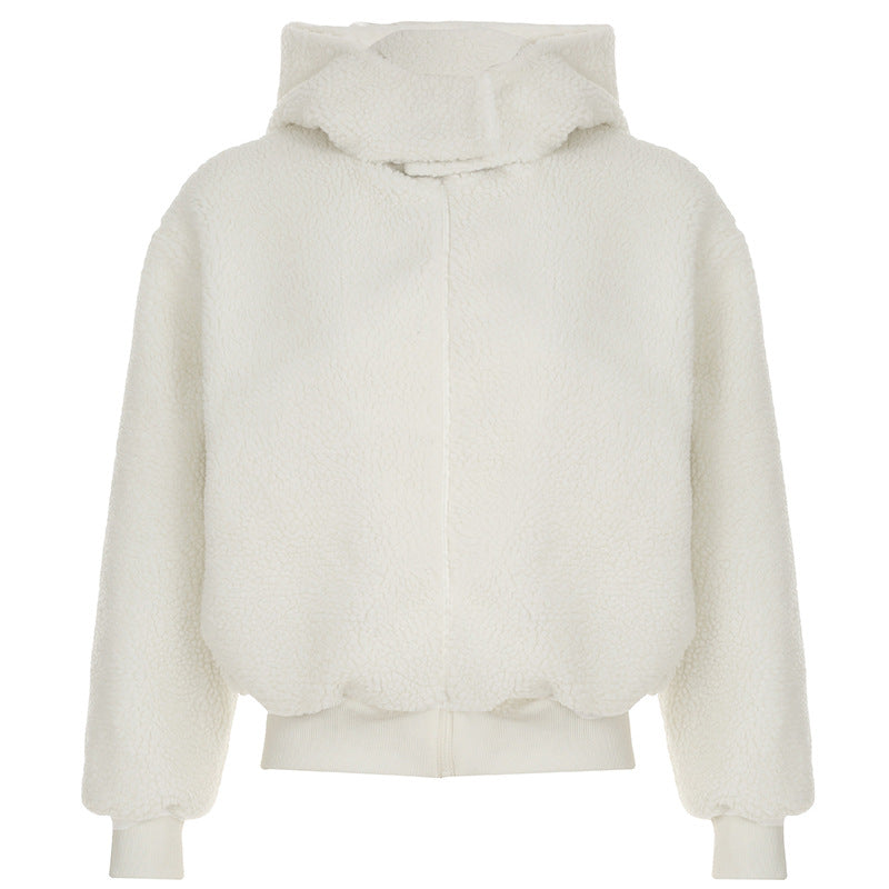 Damen nan gefütterte Teddy-Fleece-Hoodie-Jacke mit Kapuze, kurzem Schnitt und elastischem Rippenbund EB