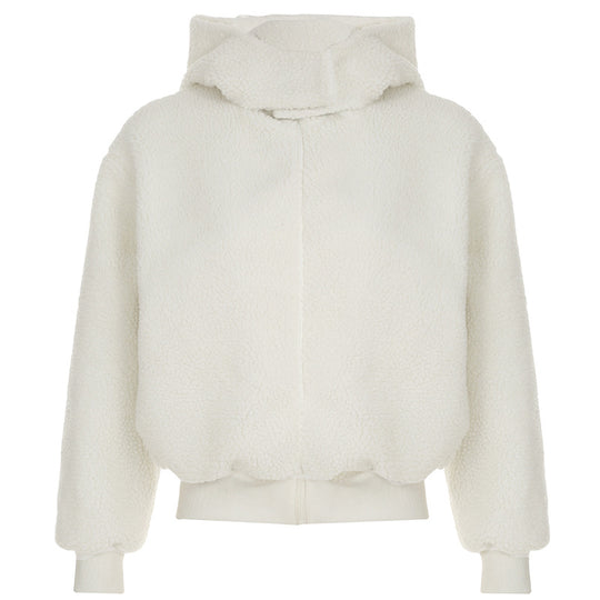 Damen nan gefütterte Teddy-Fleece-Hoodie-Jacke mit Kapuze, kurzem Schnitt und elastischem Rippenbund EB