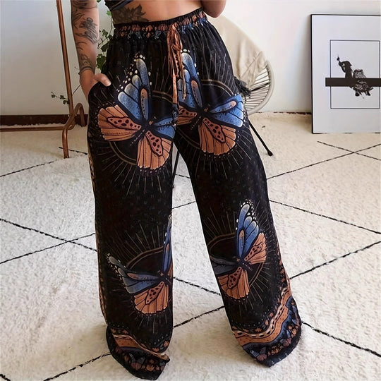 Damen Weite Palazzo-Hose mit buntem Schmetterlingsdruck und elastischem Bund EB