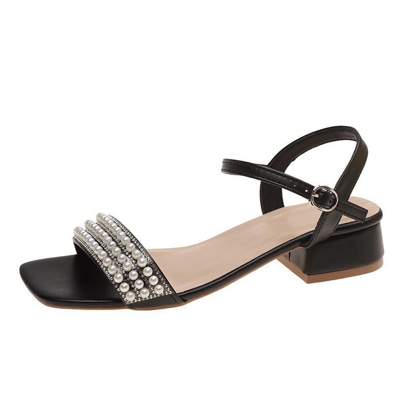 Damen elegante Sandalen mit Perlenverzierung und niedrigem Blockabsatz EB
