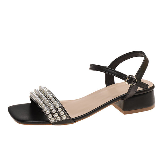 Damen elegante Sandalen mit Perlenverzierung und niedrigem Blockabsatz EB