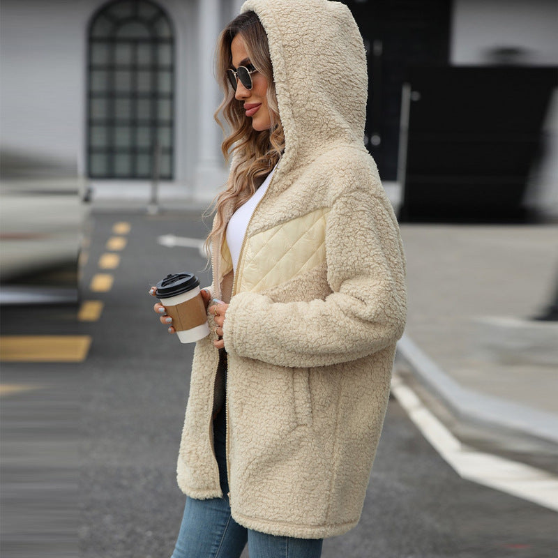 Damen Oversized Teddyjacke mit Kapuze und praktischen Taschen EB