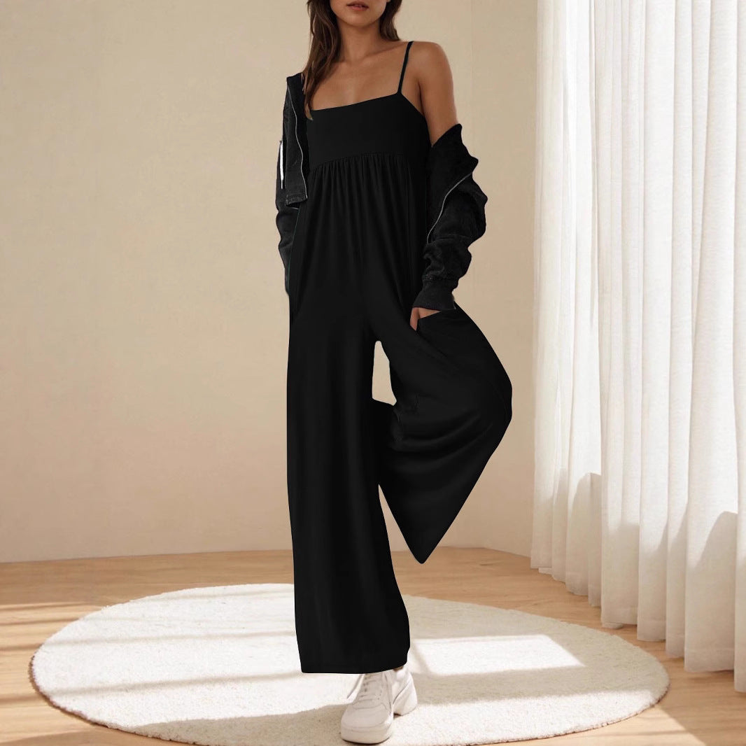 Damen lässiger Jumpsuit mit breitem Bein und verstellbaren Trägern EB