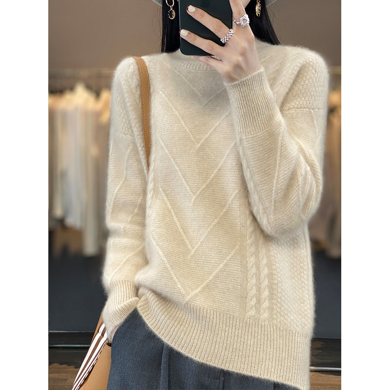 Damen Grobstrickpullover mit innovativem Zopfmuster und hohem Stehkragen EB