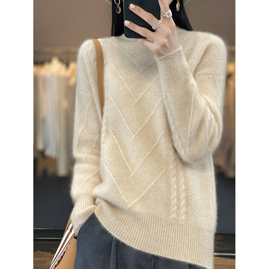 Damen Grobstrickpullover mit innovativem Zopfmuster und hohem Stehkragen EB