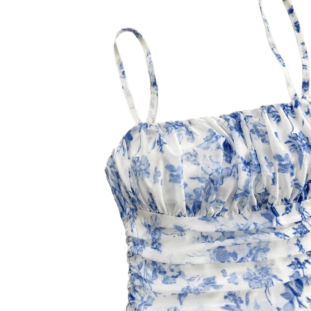 Damen Sommerliches Blumenkleid mit Spaghetti-Trägern und Raffungen EB