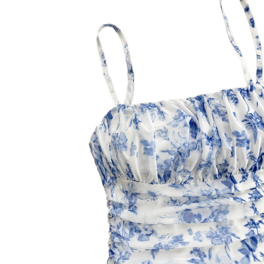 Damen Sommerliches Blumenkleid mit Spaghetti-Trägern und Raffungen EB