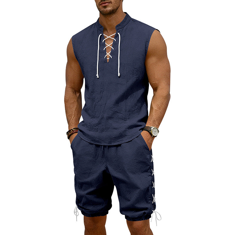 Herren nan ärmelloses Freizeit-Set mit Schnürkragen und Kordelzug-Bermuda EB