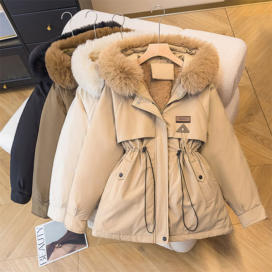 Damen warme Parkajacke mit abnehmbarem Kunstfellkragen und praktischen Taschen EB