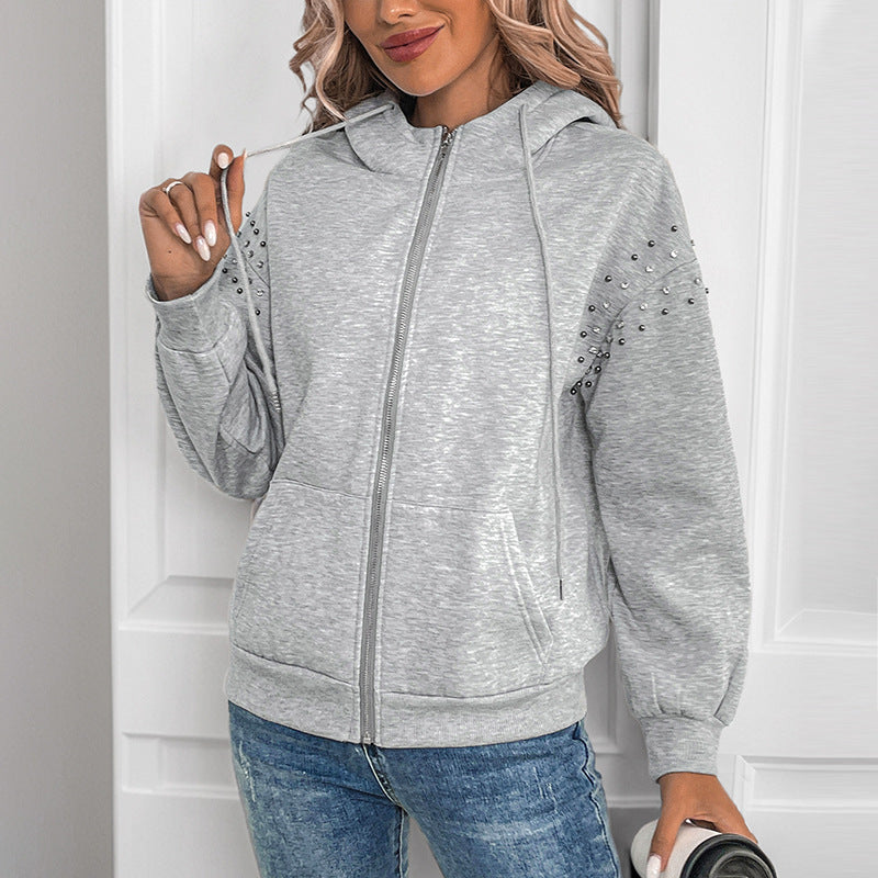 Damen modischer Kapuzenpullover mit Applikationen und Reißverschluss EB
