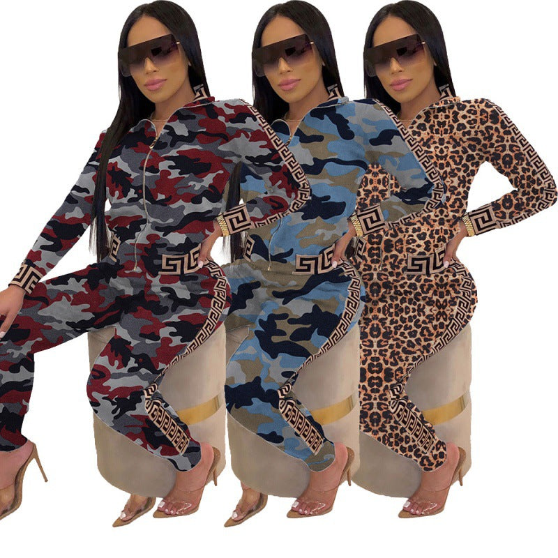 Damen Figurbetonter Jumpsuit mit Reißverschluss, Leopardenmuster und Kontrastbordüre EB