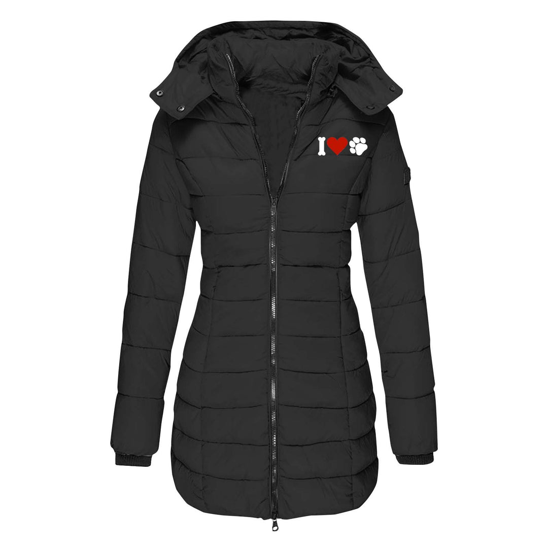 Damen nan gesteppte Steppjacke mit Kapuze, taillierter Silhouette und Herz-Pfoten-Print EB