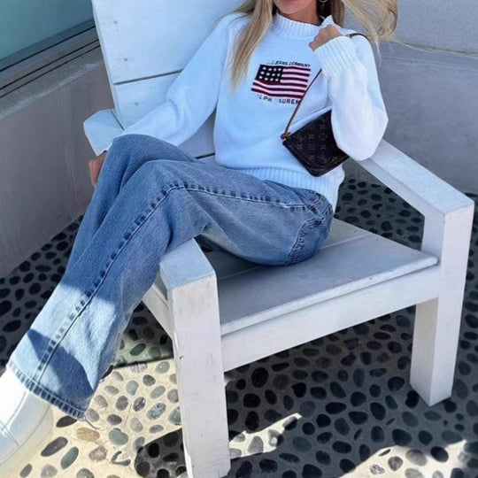 Damen Lässiger Pullover mit kreativem Flaggenmotiv und weichem Strick EB