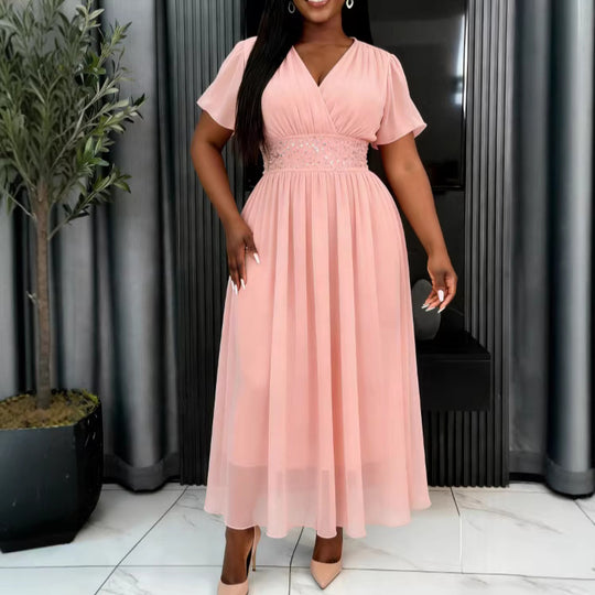 Damen Elegant Fließendes Maxikleid mit V-Ausschnitt und Taillierung EB