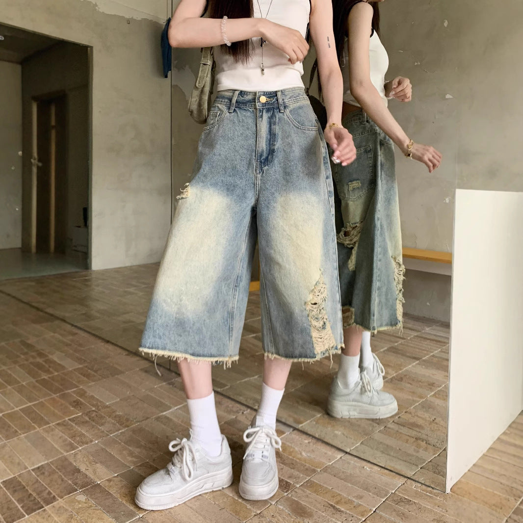 Damen Weite Denim-Culotte mit modischen Rissdetails und lässigem Schnitt EB