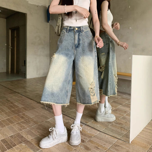 Damen Weite Denim-Culotte mit modischen Rissdetails und lässigem Schnitt EB