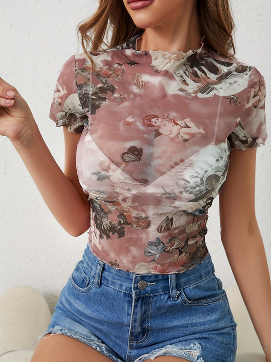 Damen figurbetonter Turtleneck-Body mit kunstvollem Druck EB