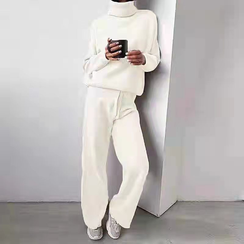 Damen kuscheliges Strick-Loungewear-Set mit weiten Hosen und elegantem Rundhalsausschnitt EB