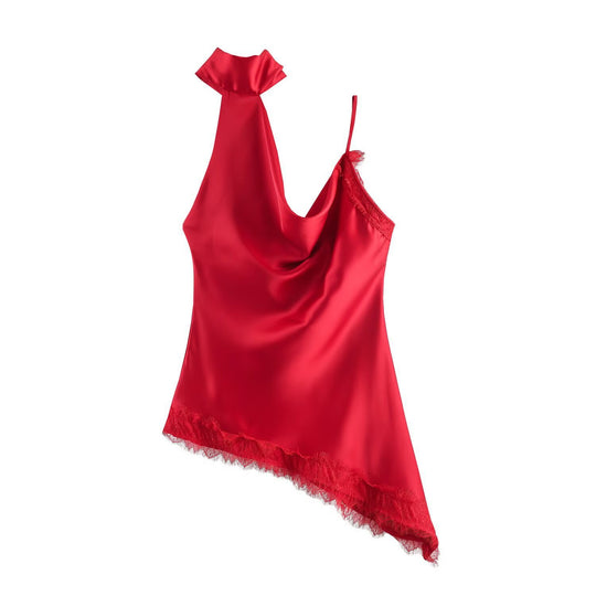 Damen elegantes Satin-Top mit asymmetrischem Saum und Spitzendetails EB