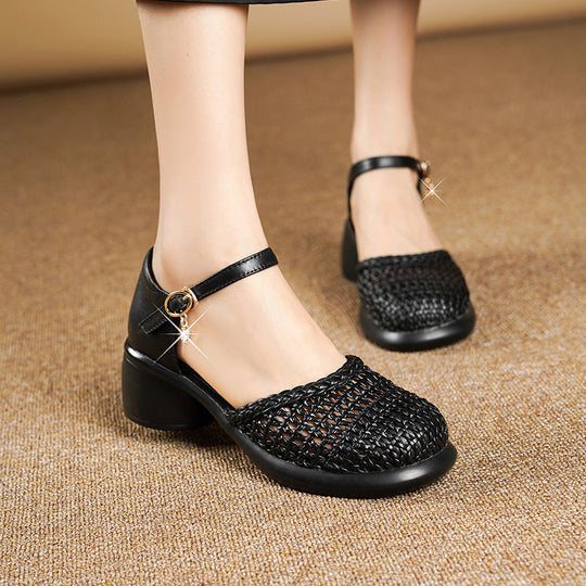 Damen elegante Riemchen-Sandaletten mit dekorativem Geflecht und komfortablem Blockabsatz EB
