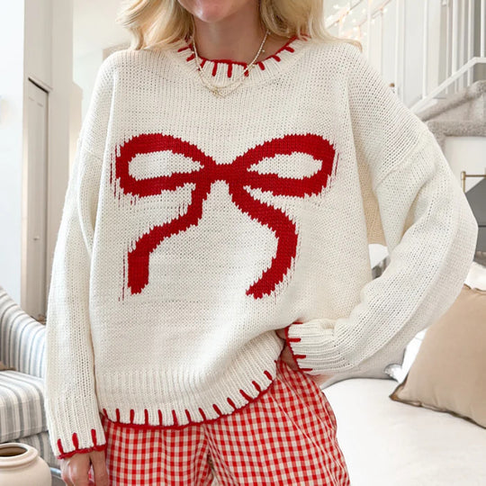 Damen Grob gestrickter Pullover mit dekorativem Schleifenmuster und kontrastierenden Abschlüssen EB